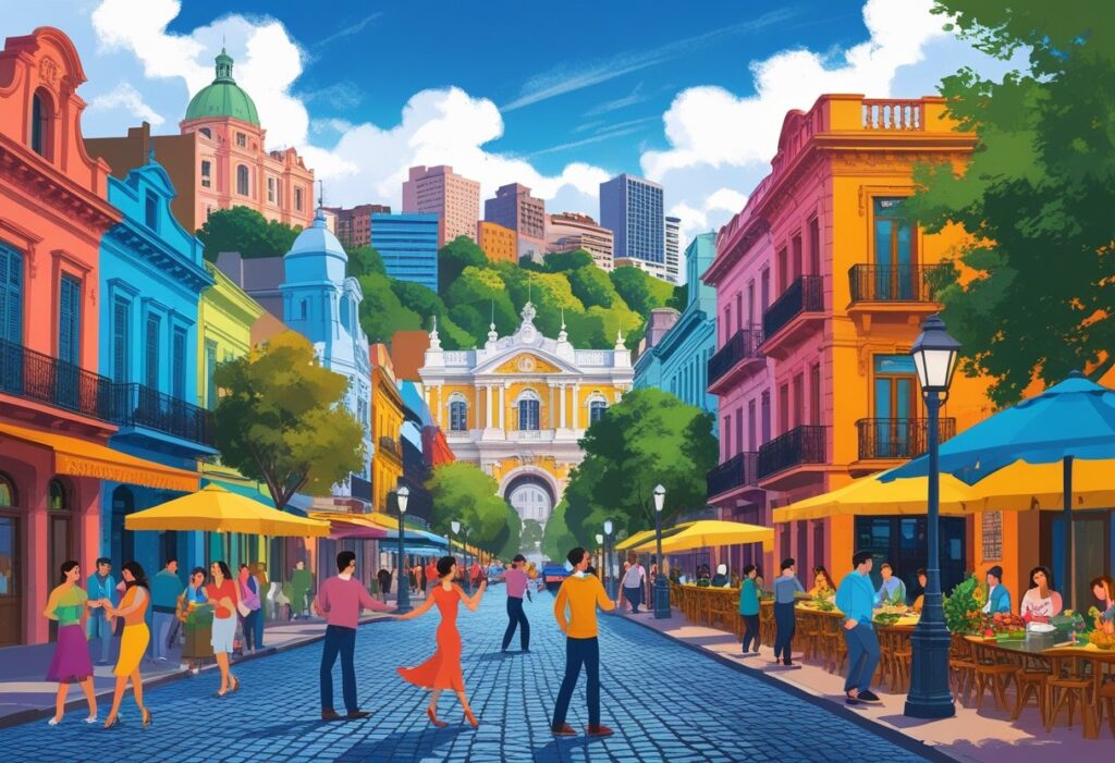 Ilustração de pontos turísticos e atividades em Buenos Aires, incluindo casas coloridas, teatro, praça com edifício histórico, pessoas dançando tango e apreciando comida ao ar livre.