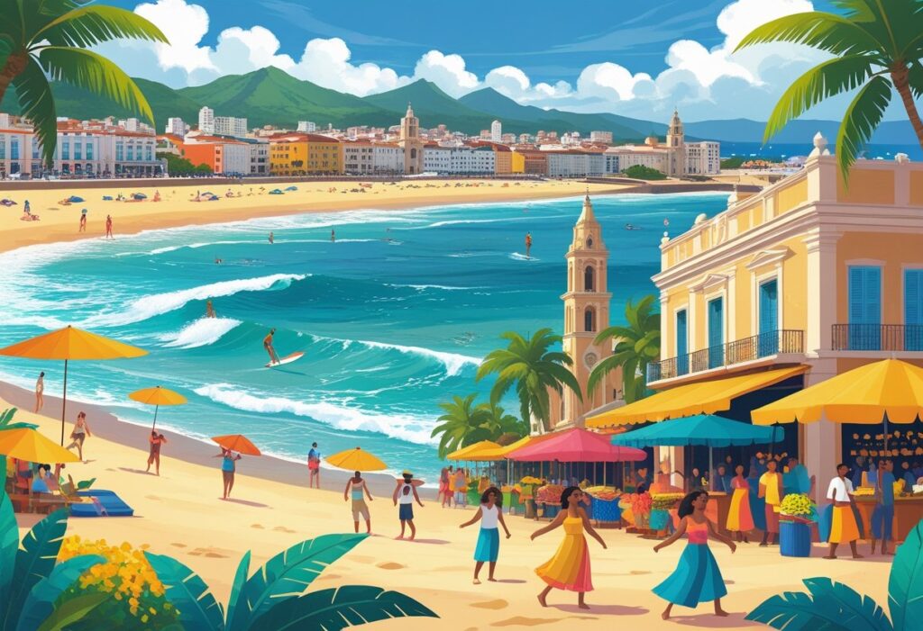 Três cenas mostrando atividades em Fortaleza: praia com pessoas e esportes aquáticos, centro histórico com catedral e mercado, e festa noturna com música e dança.