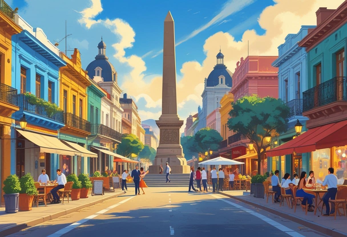 Ilustração mostrando pontos turísticos e atividades em Buenos Aires, com pessoas dançando tango, comendo em cafés e explorando ruas coloridas da cidade.