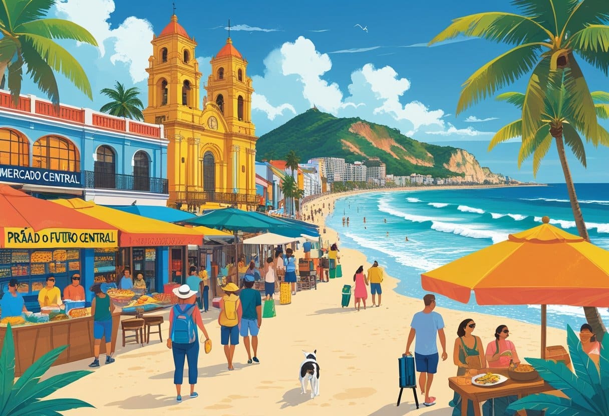 Cena mostrando pontos turísticos e atividades em Fortaleza, com praia, mercado, centro cultural, pessoas aproveitando o sol e explorando a cidade.