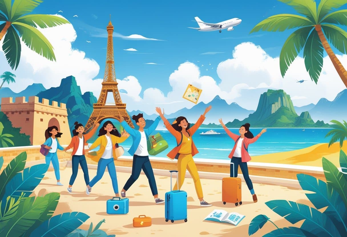 Grupo de pessoas explorando pontos turísticos famosos e elementos relacionados a viagens, como mala, câmera e mapa, em um cenário alegre e ensolarado.