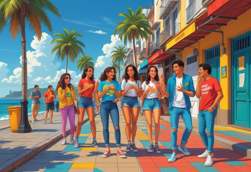 Grupo de jovens conversando animadamente em uma rua típica do Rio de Janeiro, com elementos como calçada de azulejos, palmeiras e o Cristo Redentor ao fundo.