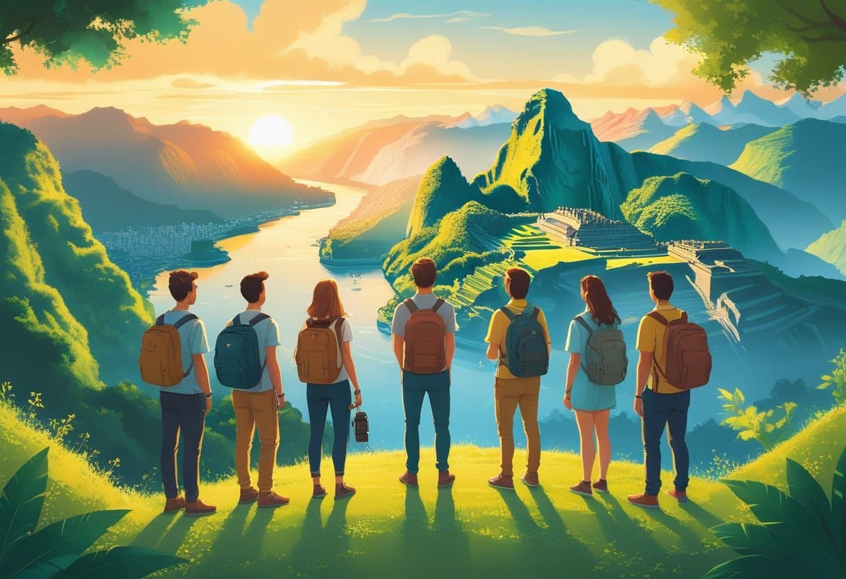 Grupo de viajantes observando um panorama com monumentos famosos ao pôr do sol, em uma paisagem natural com colinas e um rio.