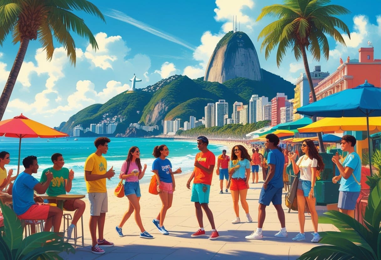 Cena animada de pessoas conversando em uma rua do Rio de Janeiro com o Cristo Redentor e o Pão de Açúcar ao fundo, transmitindo a cultura carioca.