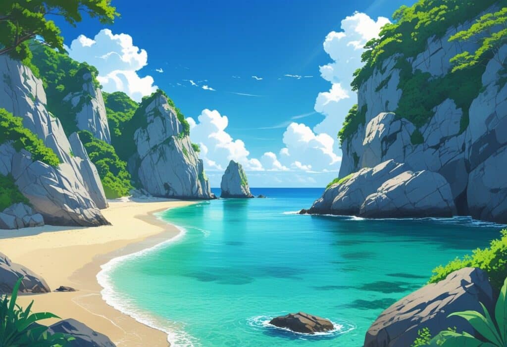Praia pequena e isolada cercada por rochas grandes e vegetação verde, com água azul clara e céu azul com poucas nuvens.