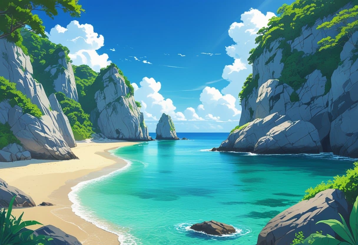 Praia pequena e isolada cercada por rochas grandes e vegetação verde, com água azul clara e céu azul com poucas nuvens.