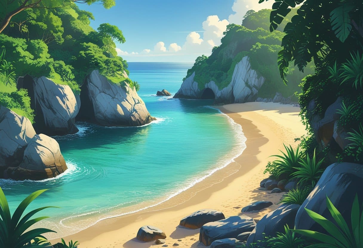 Praia do Secreto no Rio de Janeiro, uma praia escondida com águas claras, rochas grandes, areia dourada e vegetação verde ao redor.