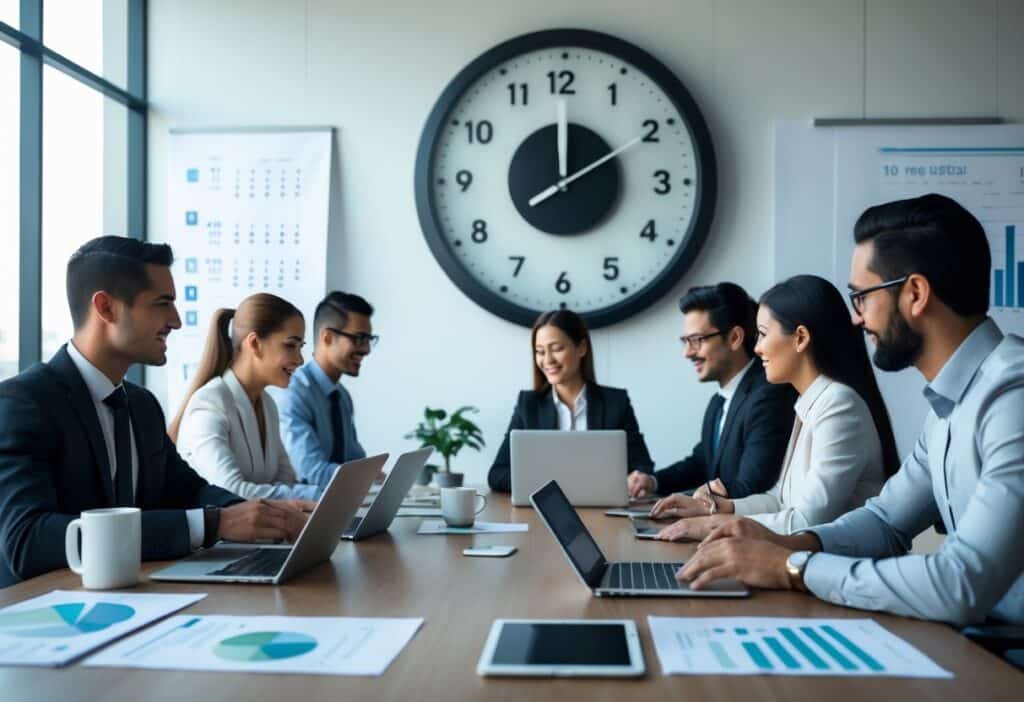 Profissionais em reunião de trabalho em um escritório moderno com um relógio de parede visível, utilizando dispositivos digitais para comunicação.