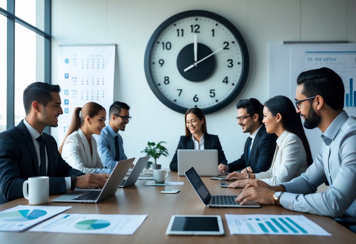 Profissionais em reunião de trabalho em um escritório moderno com um relógio de parede visível, utilizando dispositivos digitais para comunicação.