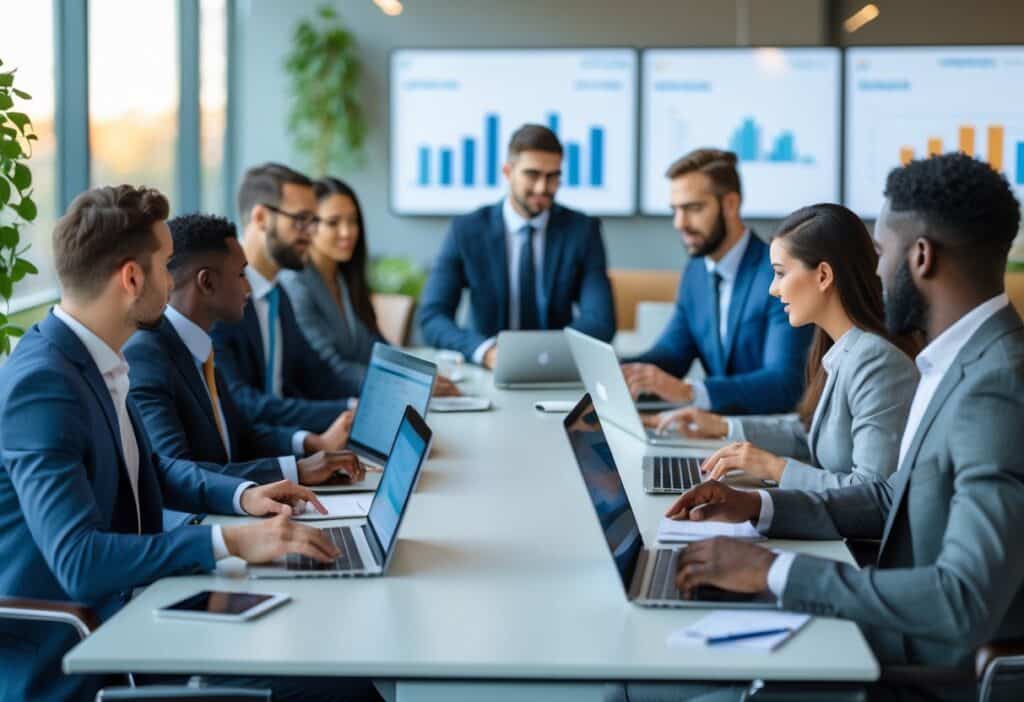 Grupo de profissionais em reunião colaborativa em um escritório moderno e iluminado.