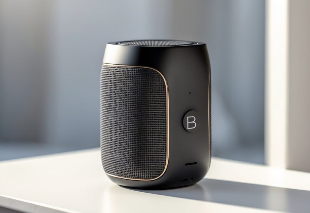 Um alto-falante Bluetooth preto moderno sobre uma superfície branca, com fundo desfocado.