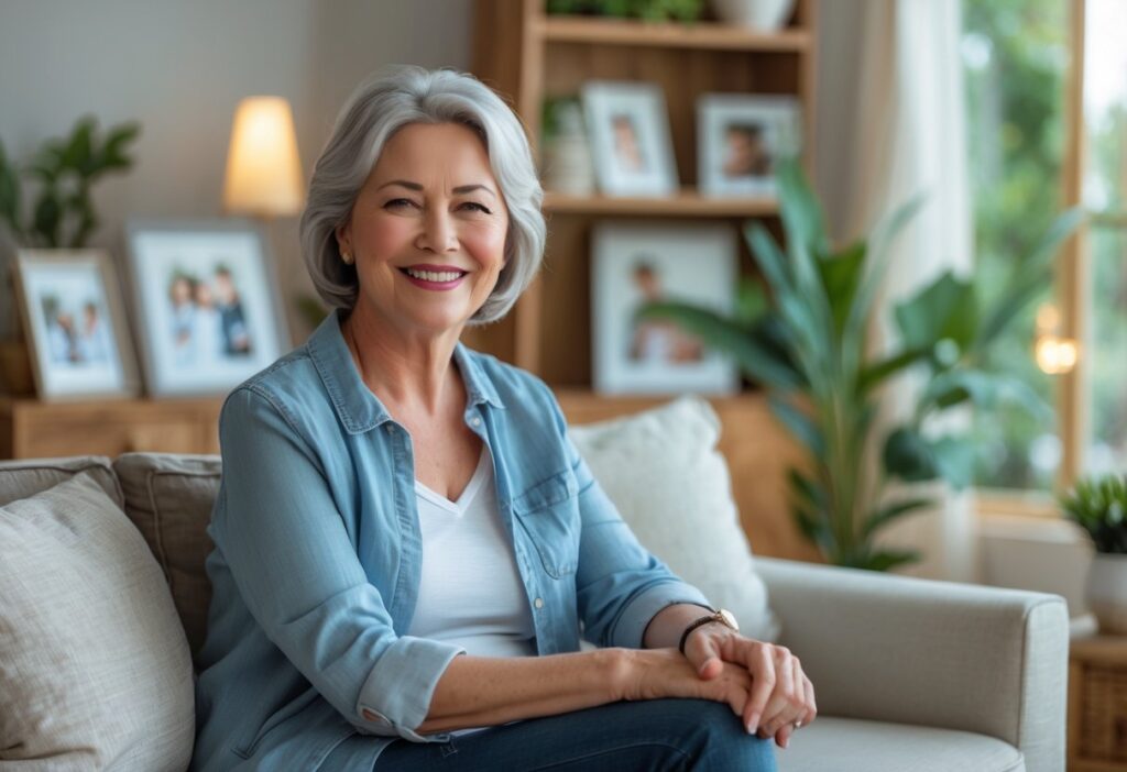 Mulher de meia-idade sorrindo em uma sala de estar aconchegante e bem iluminada.