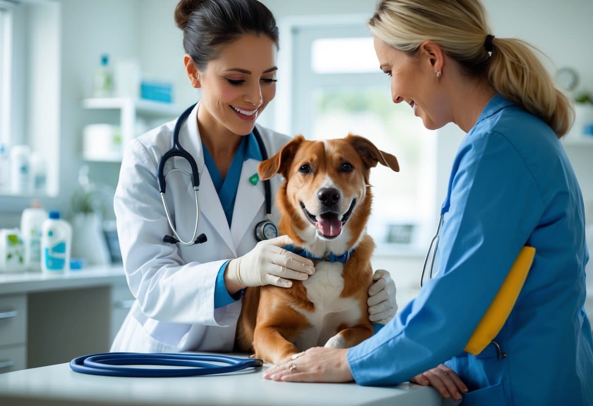 Veterinário examinando um cachorro em uma clínica veterinária moderna, com equipamento médico ao fundo.
