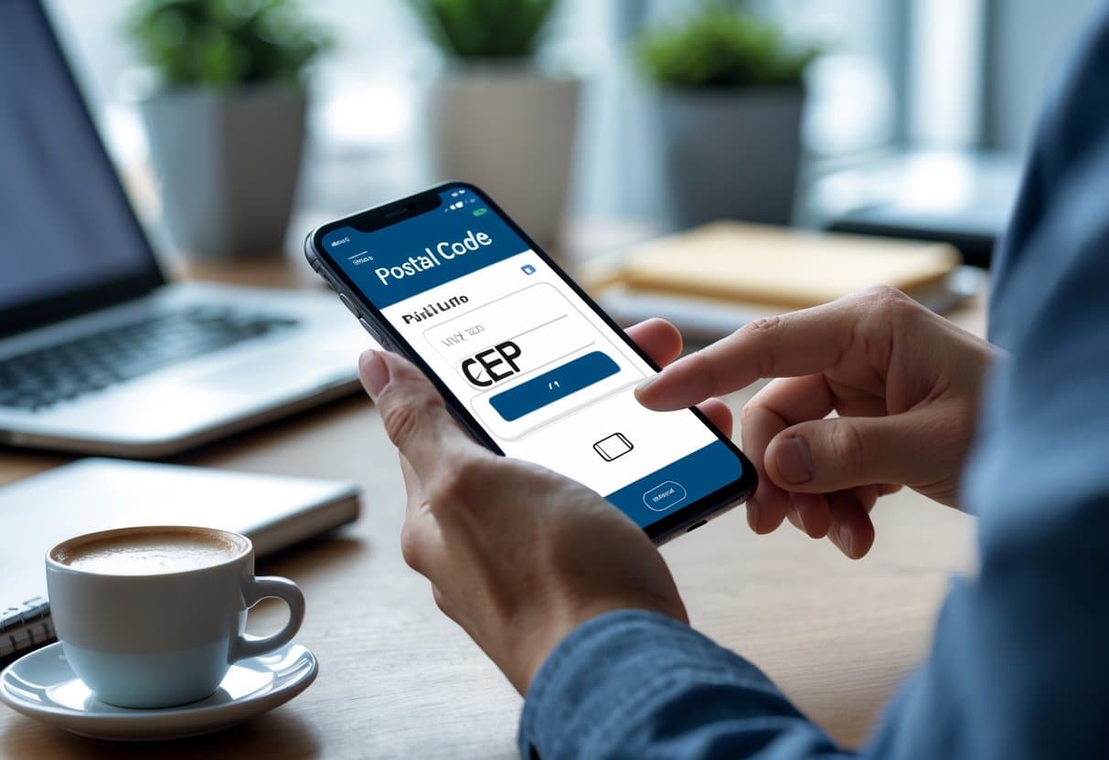 Pessoa segurando um smartphone em um ambiente de escritório, digitando um código postal.