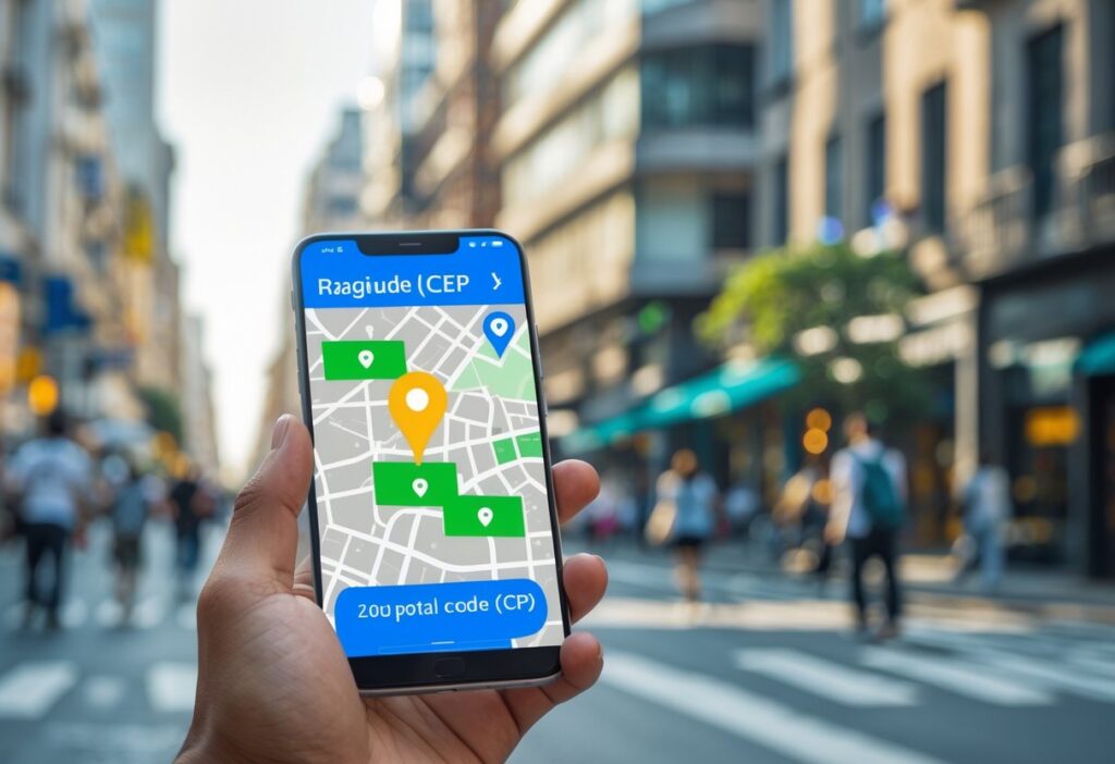 Uma mão segurando um smartphone com um mapa digital mostrando áreas de código postal, com prédios e pessoas ao fundo em uma cena urbana.