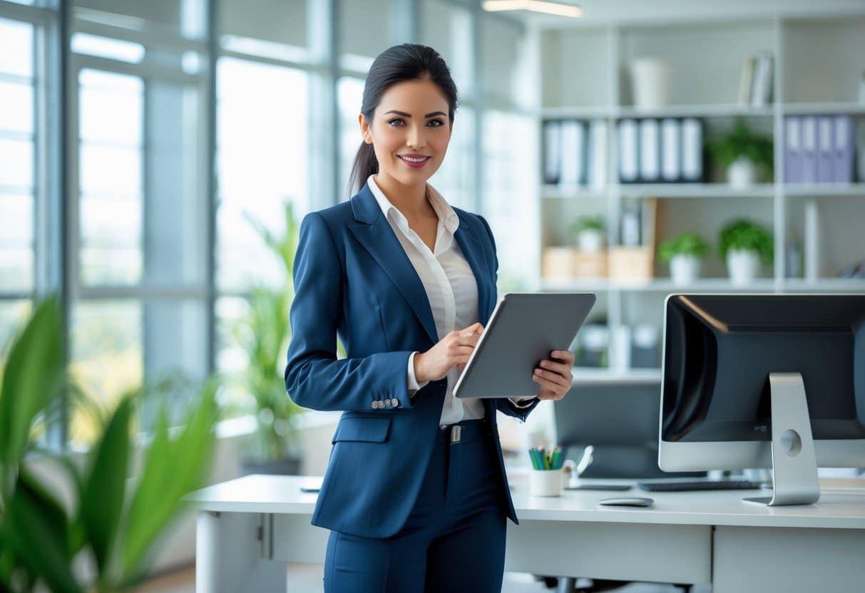 Pessoa em ambiente de escritório moderno, vestindo roupa social, segurando um tablet e olhando concentrada.