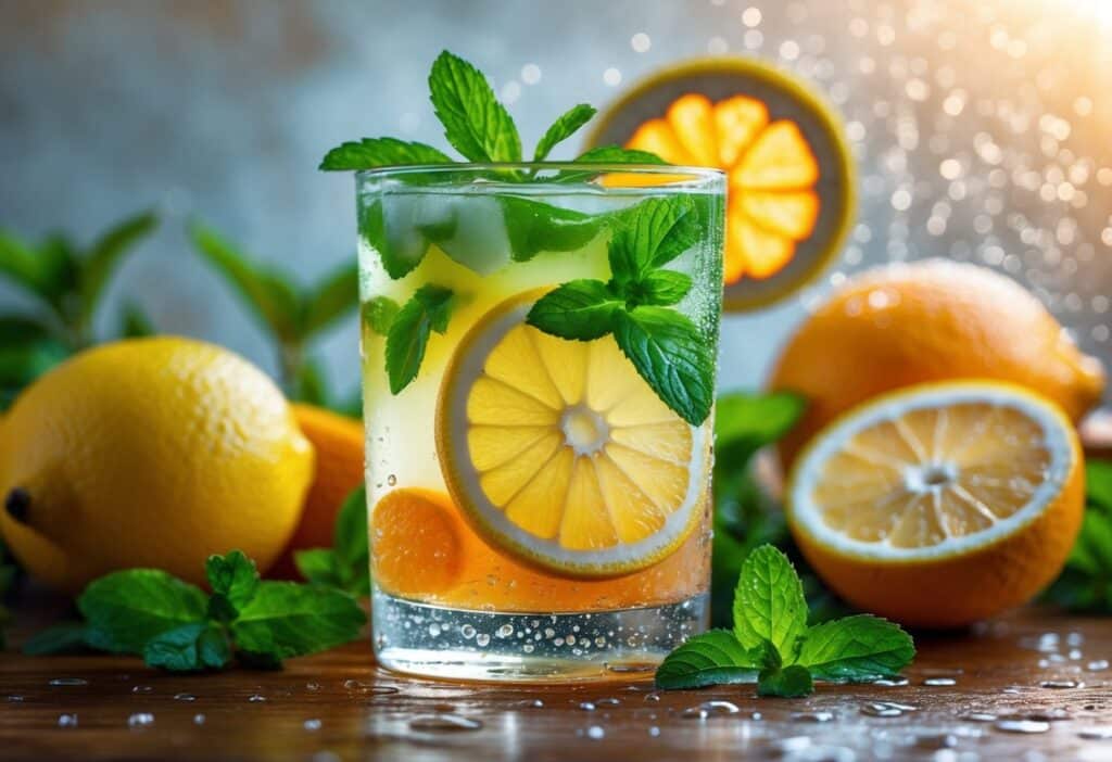 Um copo de bebida refrescante com folhas de hortelã e fatias de frutas cítricas sobre uma mesa de madeira, cercado por frutas frescas.