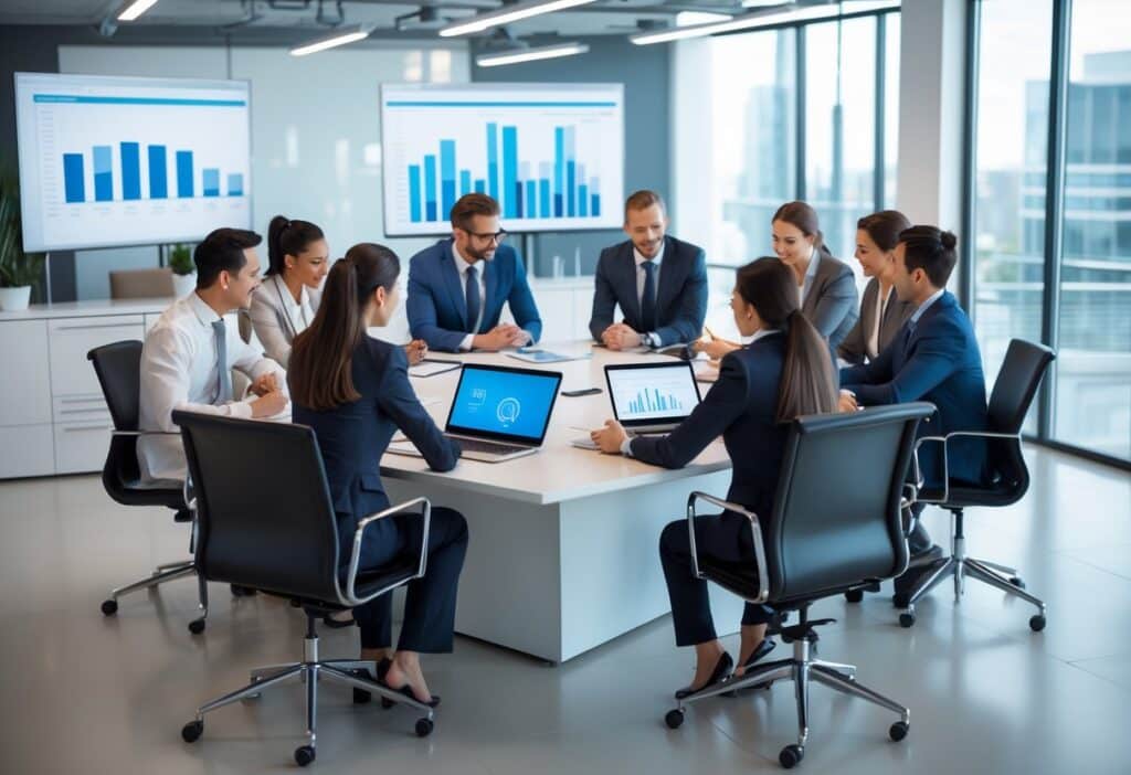 Um grupo diversificado de profissionais em uma reunião colaborativa em um escritório corporativo moderno e iluminado.