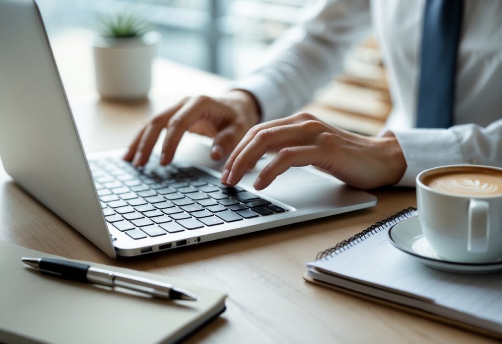 Mãos digitando em um laptop em uma mesa de escritório com caderno e xícara de café.