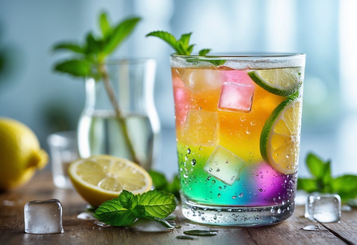 Copo de bebida gelada com gelo e folhas de hortelã sobre uma mesa de madeira.