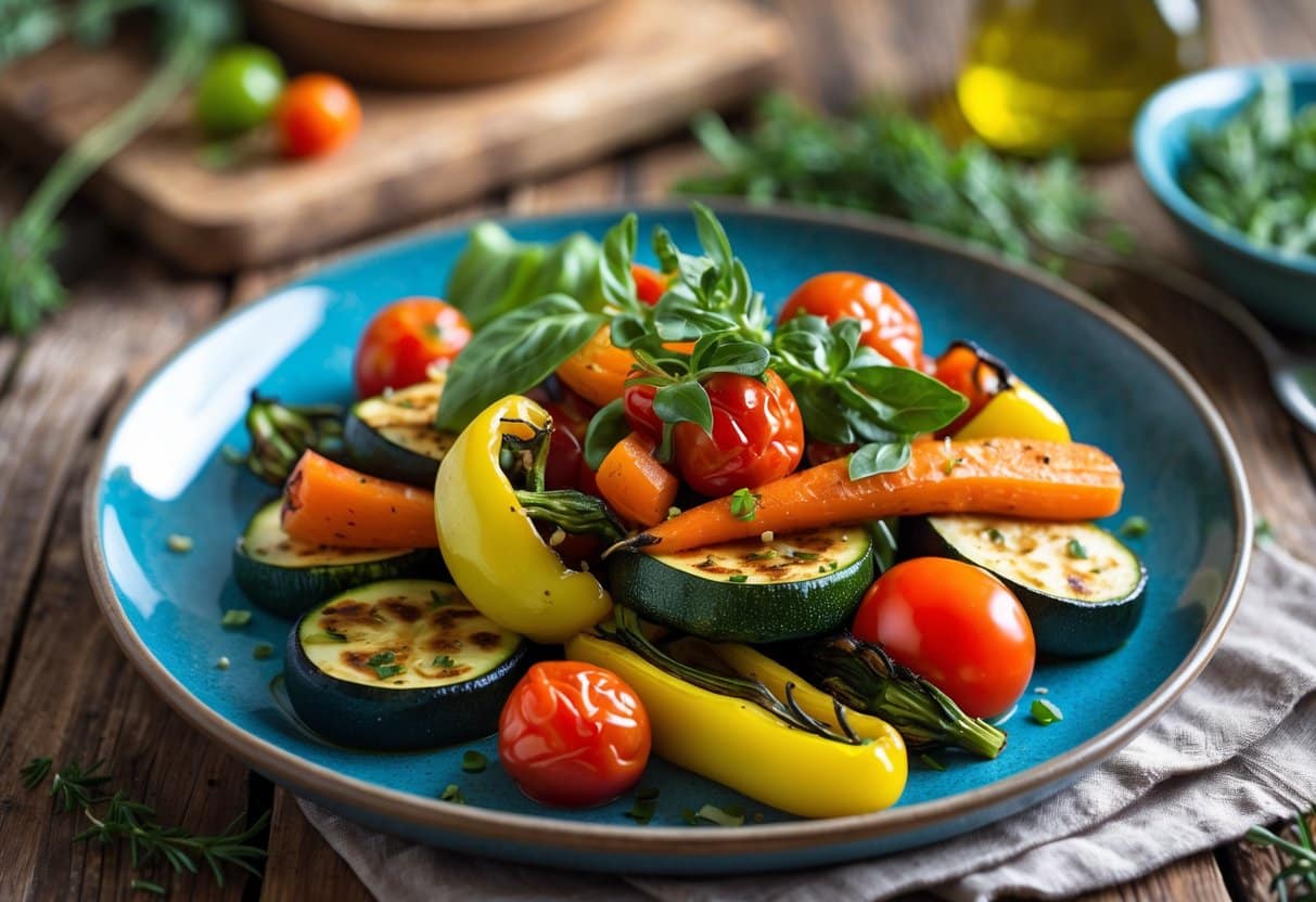 Prato colorido com legumes assados frescos sobre uma mesa de madeira, com elementos de cozinha ao fundo.