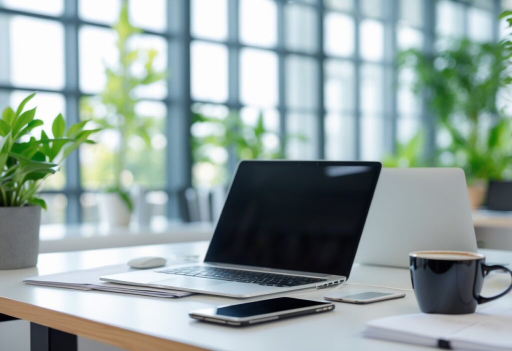 Mesa de escritório organizada com laptop, smartphone, café e caderno em um ambiente de escritório iluminado e com plantas.