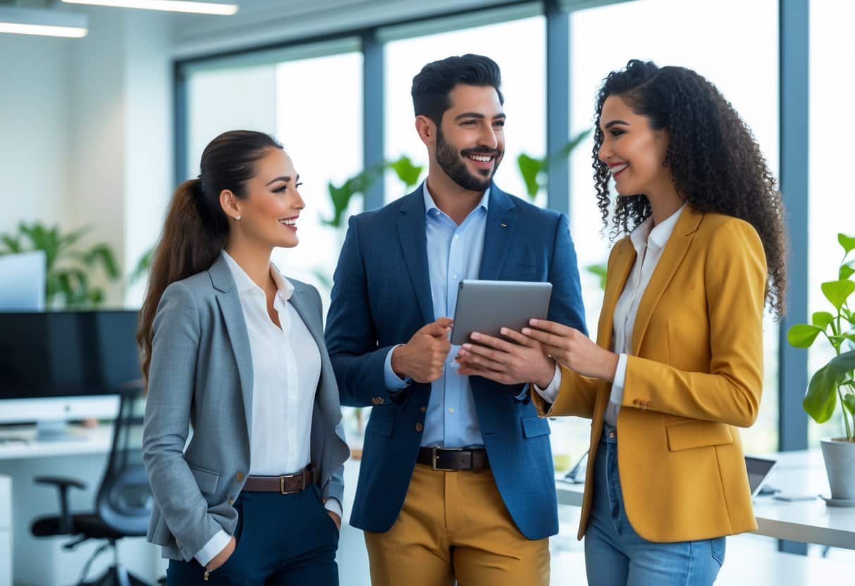 Três pessoas em um ambiente de escritório moderno, conversando e colaborando animadamente.