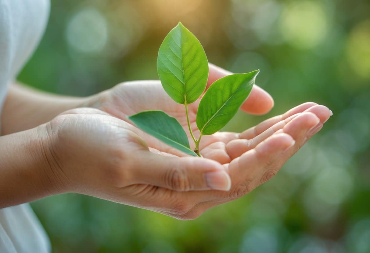 Mão segurando delicadamente uma folha verde com fundo desfocado.