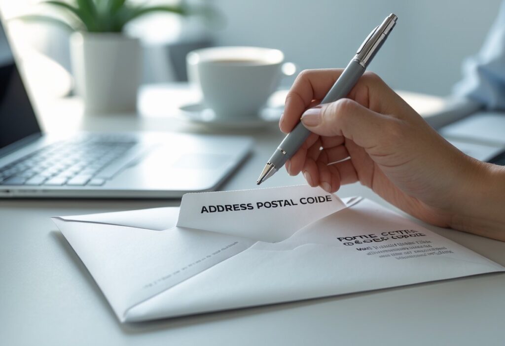 Mão segurando uma caneta próxima a um envelope branco sobre uma mesa com itens de escritório ao fundo.