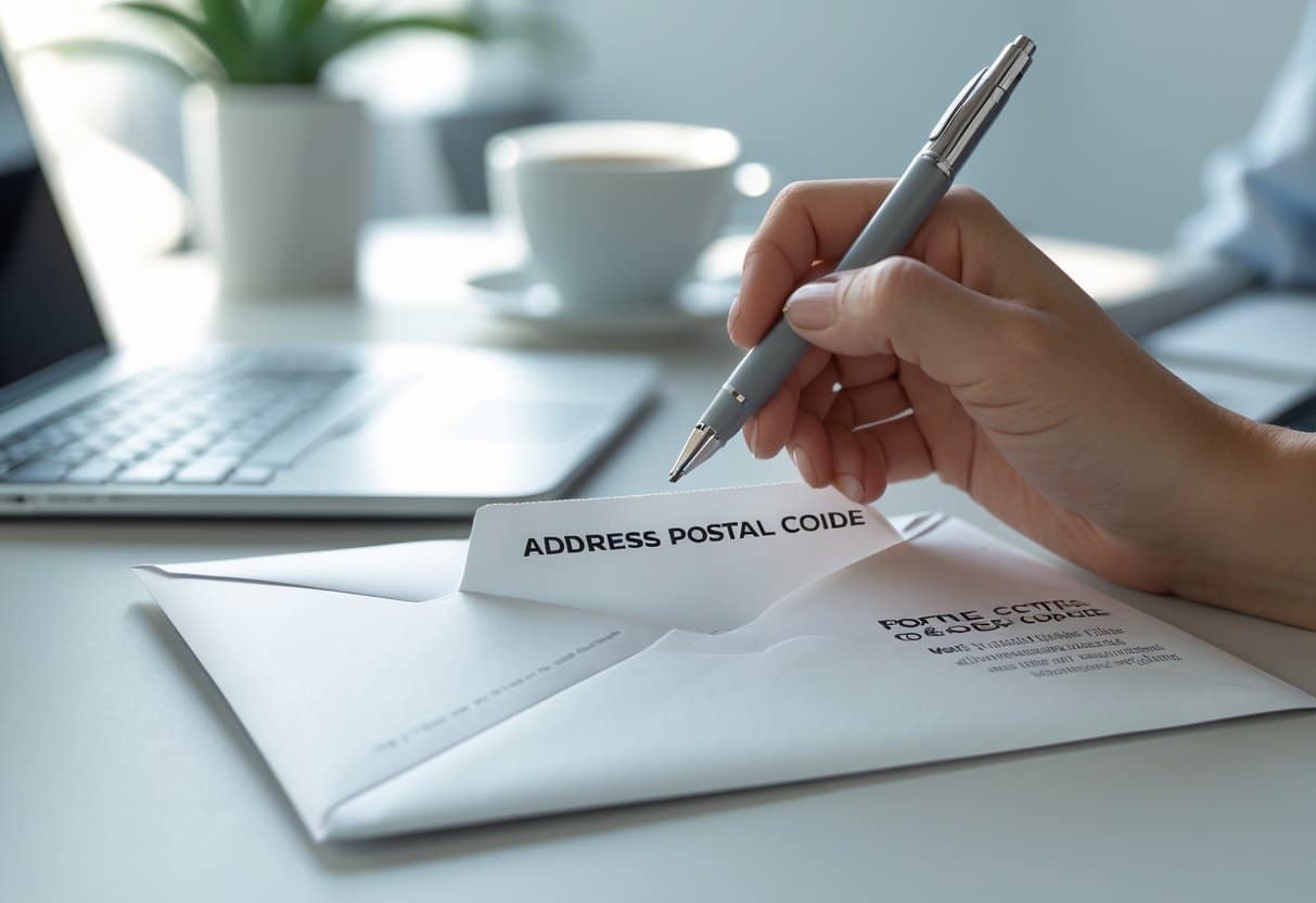 Mão segurando uma caneta próxima a um envelope branco sobre uma mesa com itens de escritório ao fundo.