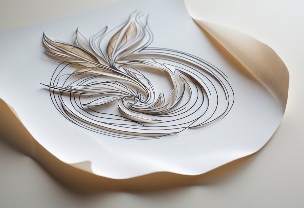 Desenho artístico detalhado em papel com linhas precisas e sombreamento, exibido em fundo claro.