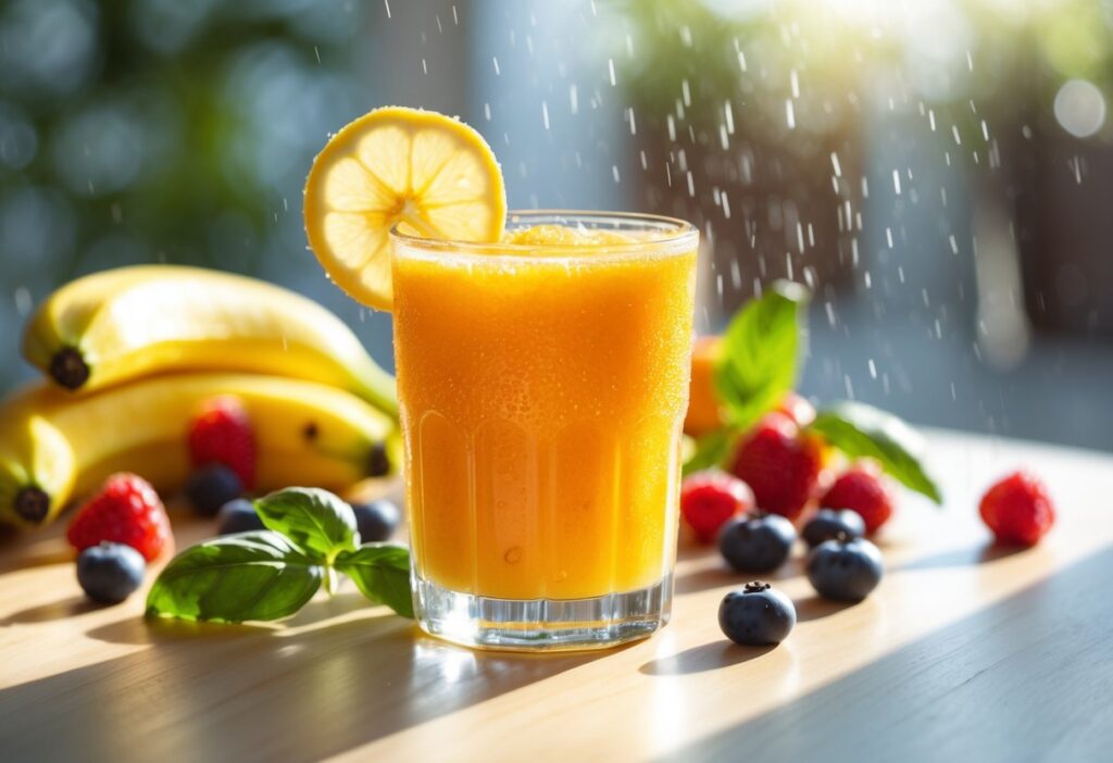 Copo de bebida refrescante com frutas frescas em uma mesa de madeira.