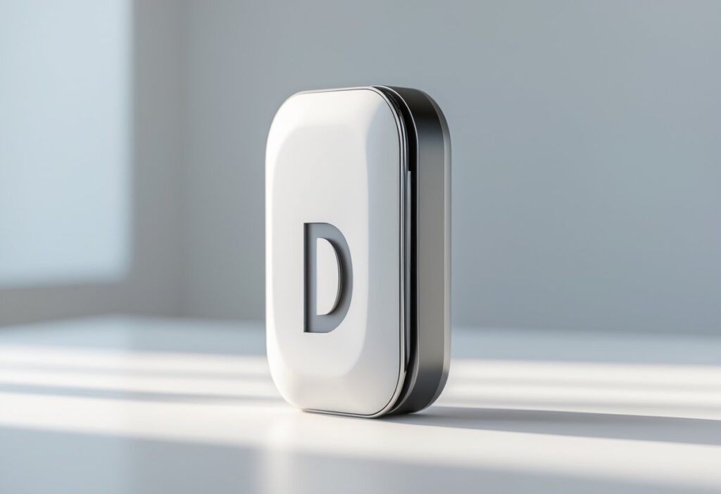 Objeto moderno e elegante com a letra D incorporada, sobre fundo branco.
