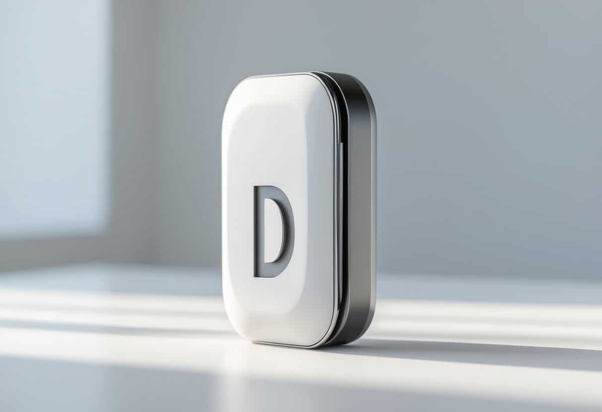 Objeto moderno e elegante com a letra D incorporada, sobre fundo branco.