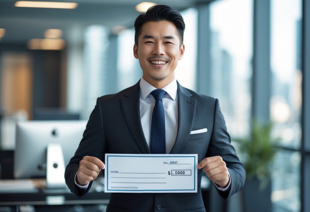 Homem de terno em escritório moderno segurando um grande cheque com expressão de vitória.
