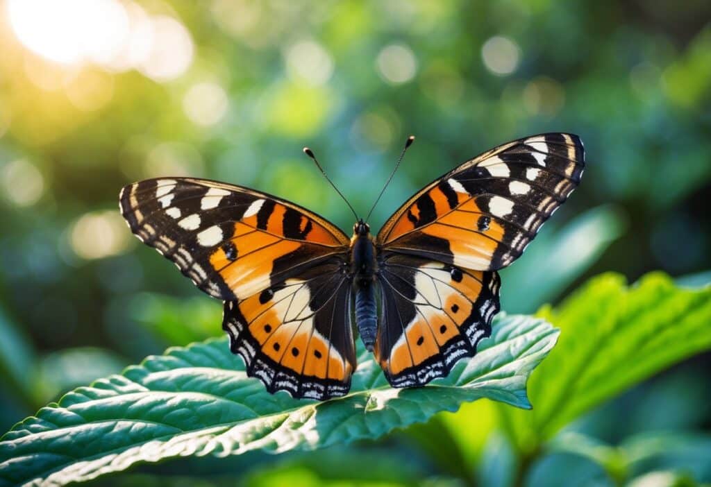 Borboleta colorida pousada em uma folha verde em um ambiente natural.
