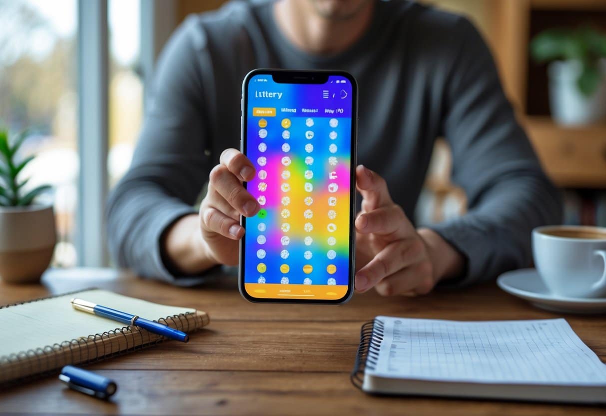 Pessoa conferindo resultados de jogo no celular em uma mesa com caderno e caneta.