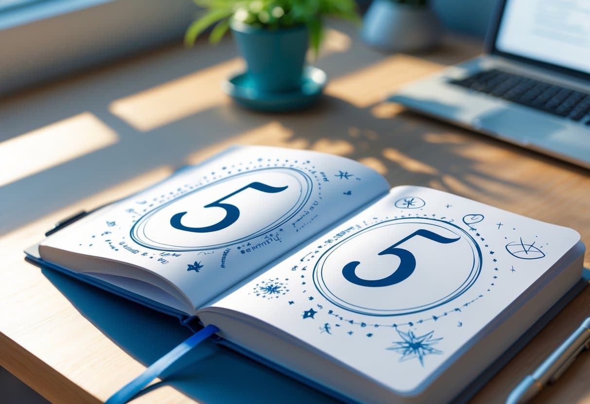 Mesa de trabalho com um caderno aberto mostrando desenhos relacionados ao número 5 na numerologia, com símbolos místicos ao redor e elementos de escritório ao fundo.