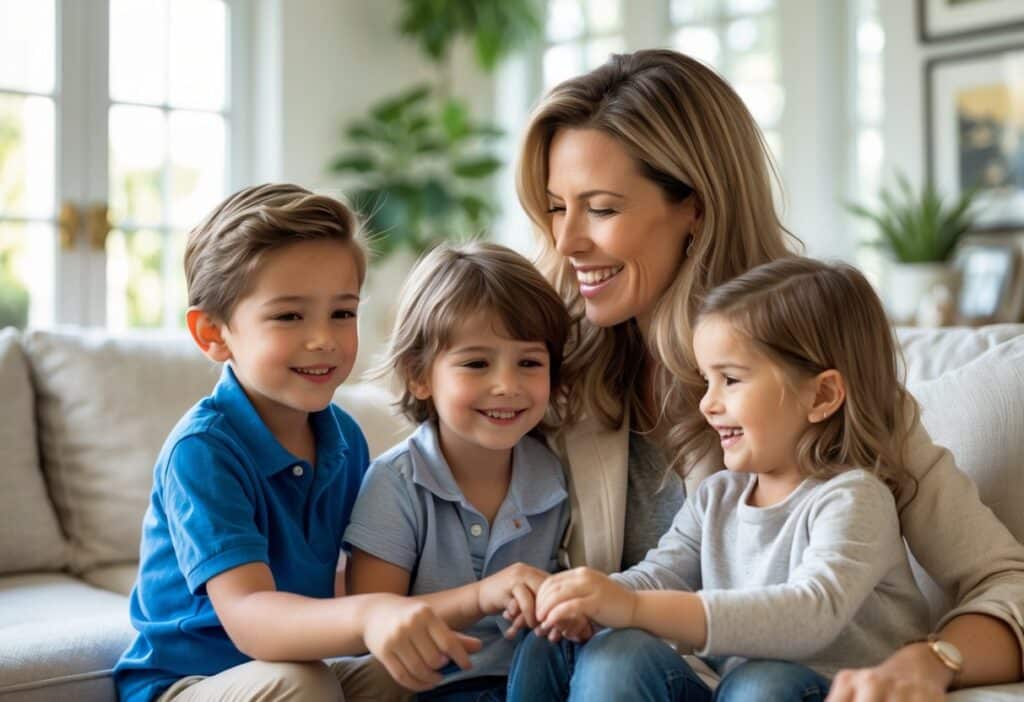 Mulher com dois filhos pequenos brincando em uma sala de estar iluminada e aconchegante.