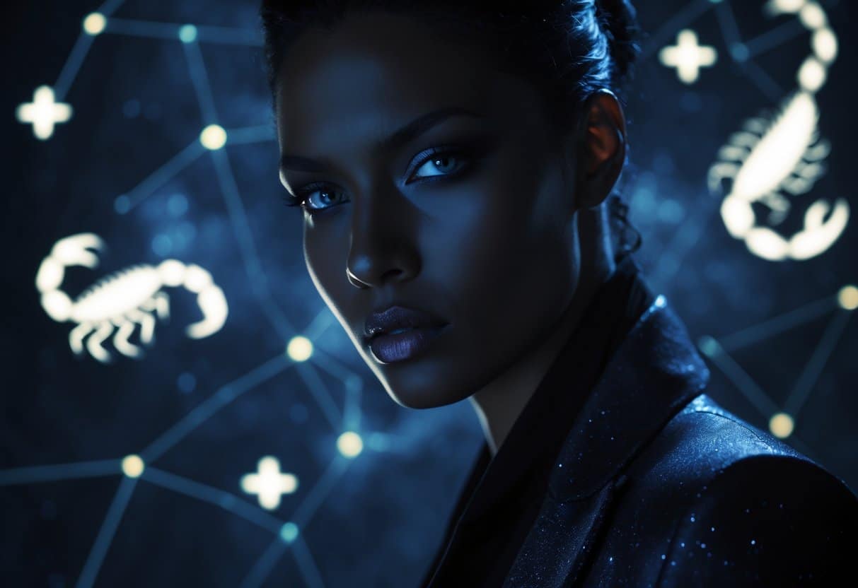 Pessoa confiante com olhar intenso em fundo estrelado com símbolos astrológicos de Escorpião.