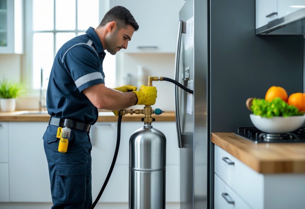 Técnico repondo gás em uma geladeira em uma cozinha moderna.
