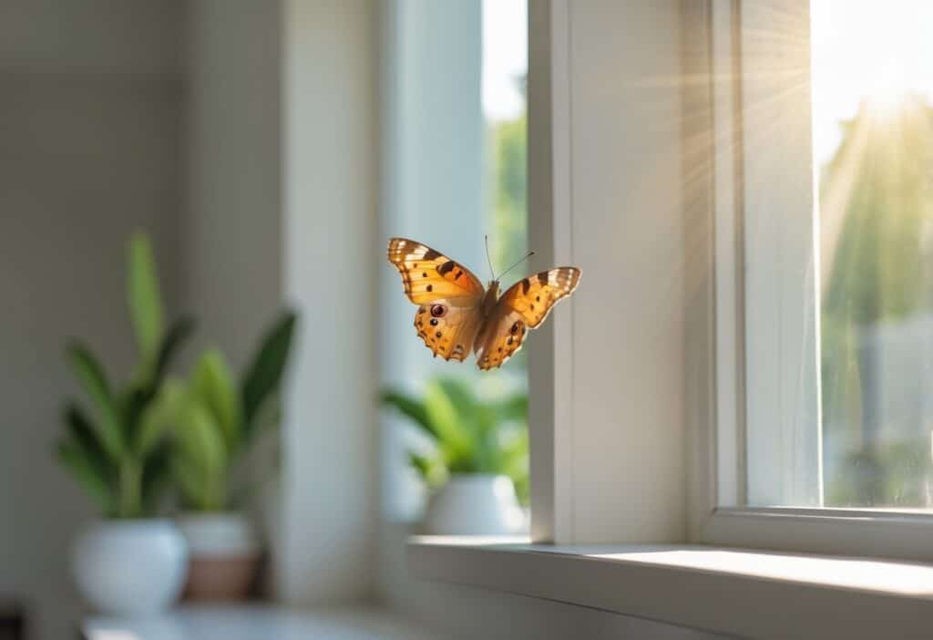 Uma borboleta delicada pousada no parapeito de uma janela dentro de uma casa moderna e bem iluminada.