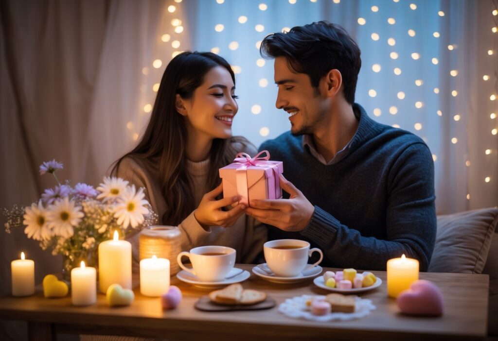 Um casal sentado junto em uma mesa pequena com velas acesas, flores e doces em formato de coração, compartilhando um momento carinhoso em um ambiente acolhedor e iluminado suavemente.