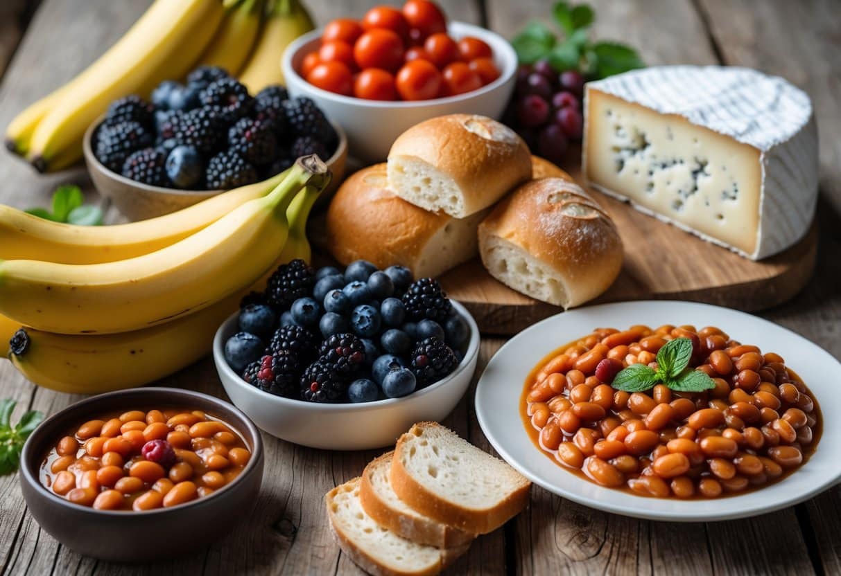 Mesa com diversas comidas que começam com a letra B, incluindo bananas, frutas vermelhas, pães, feijão cozido e queijo brie.