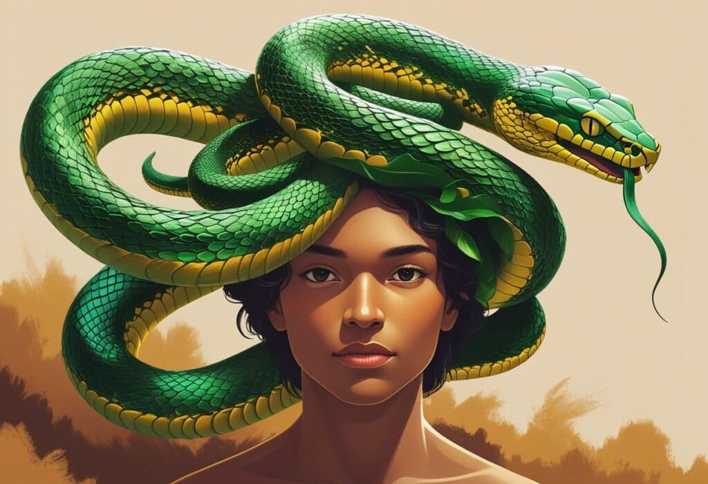 Pessoa com uma cobra enrolada na cabeça, em uma cena simbólica relacionada ao jogo do bicho.