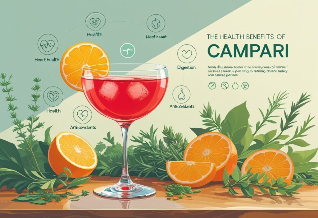 Um copo de coquetel Campari em uma mesa de madeira, cercado por fatias de laranja, ervas frescas e elementos que representam benefícios para a saúde.