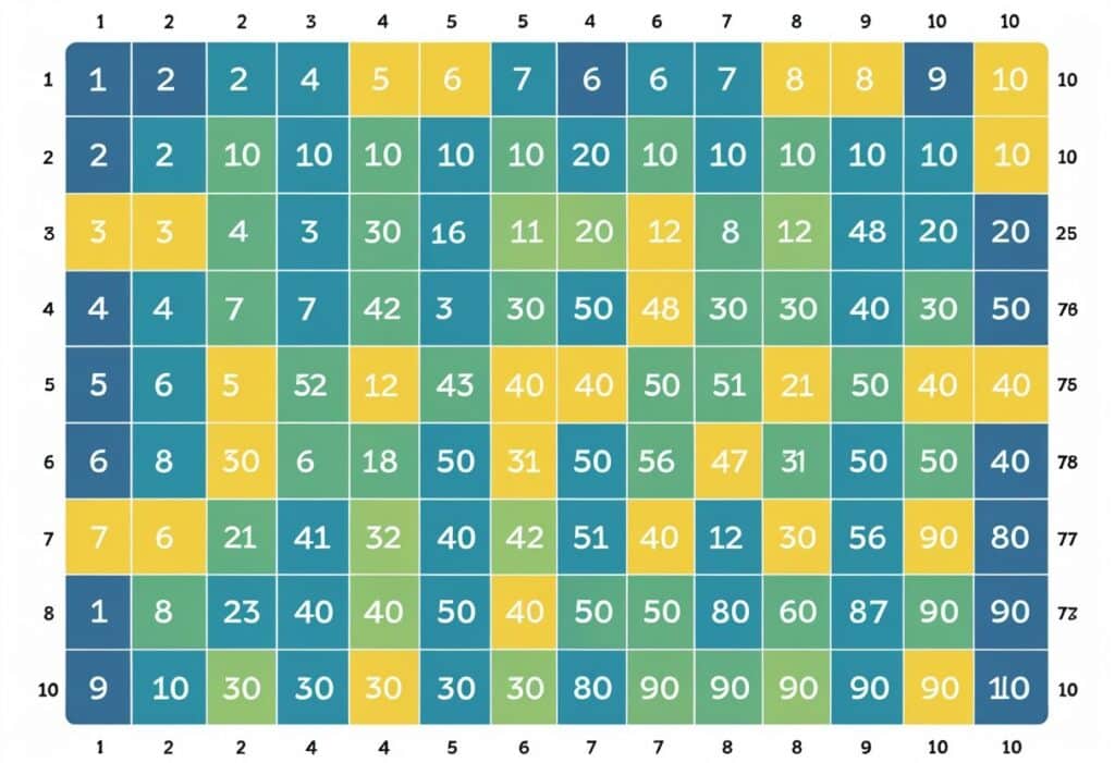 Tabela numérica mostrando os produtos das multiplicações entre números de 1 a 10 organizados em uma grade colorida.