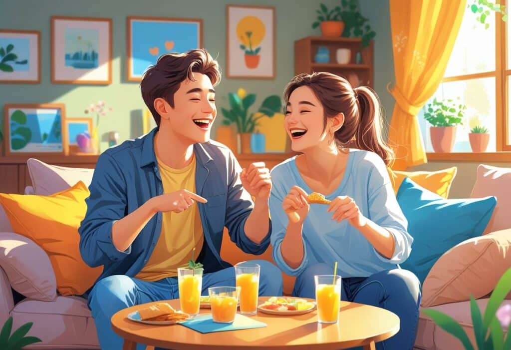 Casal sorrindo e brincando juntos em uma sala aconchegante, transmitindo alegria e diversão.