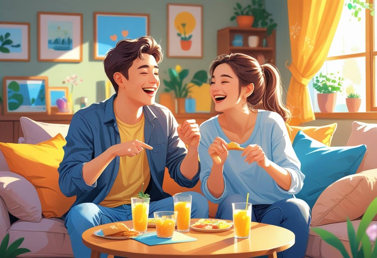 Casal sorrindo e brincando juntos em uma sala aconchegante, transmitindo alegria e diversão.