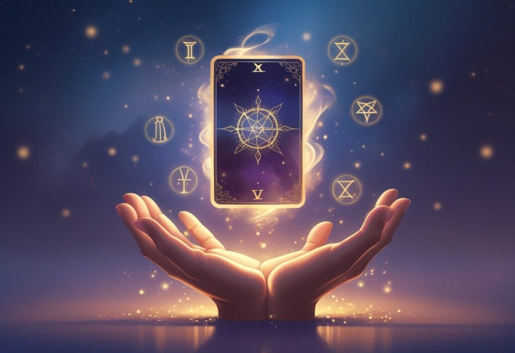 Uma mão aberta segurando um cartão de tarô flutuante rodeado por símbolos místicos e luz suave, transmitindo uma sensação de descoberta e mistério.